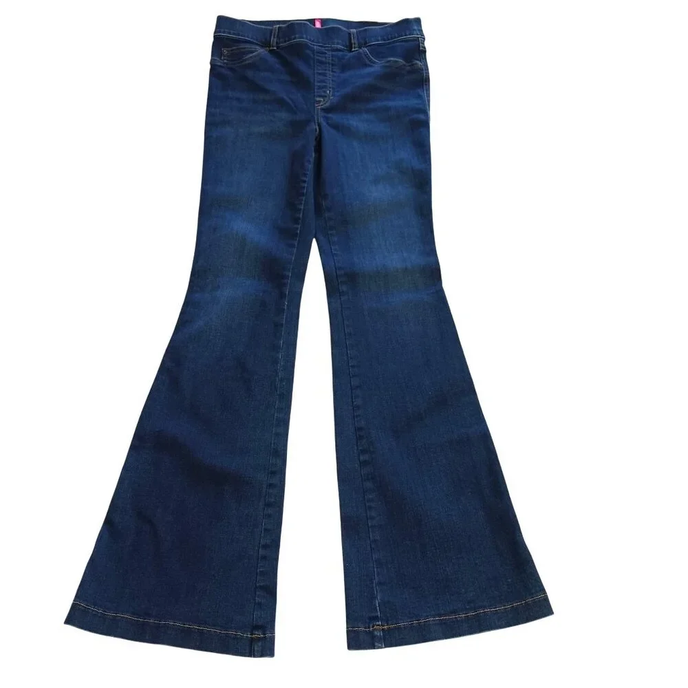 Spanx Flare Jeans Large Dark Wash Denim Stretch Slimming High Rise Shaping 70s - Picture 2 of 12